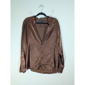 Asos Womens Brown Satin Midweight Notch Collar Button Up Shirt Sz M Capsule Luxe